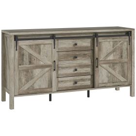 59" Buffet Cabinet, Farmhouse Sideboard with Thick Top, 2 Barn Doors, 4 Drawers and 2 Adjustable Shelves, Gray Wash