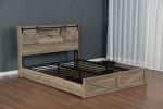 Farmhouse Bed Frame Queen Size with LED Lights and Charging Station, Wooden Queen Bed with 2 Storage Drawers