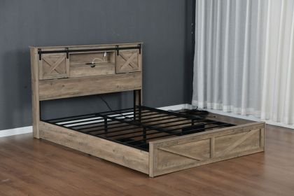 Farmhouse Bed Frame Queen Size with LED Lights and Charging Station, Wooden Queen Bed with 2 Storage Drawers