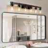 42" Rustic 6-Light Vanity Light, Industrial Bathroom Wall Sconce with Glass Shades and Wood Accent, Modern Farmhouse Lighting Fixture (No Bulbs)