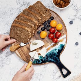 Round Acacia Wood & Resin Charcuterie Board with Handle - Natural Wood Grain Surface, Non-Porous Durable  for Meat, Bread, Cheese