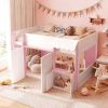 Full Loft House Bed with Playhouse & Storage, Modern Wood Cabin Bed for Kids/Teens, White+Pink