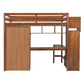Full Size Loft Wood Bed with Desk, Book shelves and Wardrobe with Doors and Drawer, Built-in Staircase with Storage Shelves