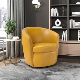 Luxury Living Room Furniture Swivel Chair Yellow Top Grain Leather Upholstery Solid Wood 1pc Barrel Back Accent Chair