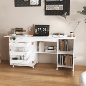 57.5" Foldable Sewing Machine Table with Locking Casters, Multi-Storage Craft Station with Shelves, Bins & Cabinet, Adjustable Sewing Cabinet for