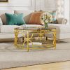 Round Tempered Glass Coffee Table in 30.7",Luxurious Geometric Metal Frame,Gold Finish & Lower Shelf, Transparent
