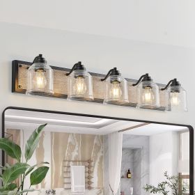 40" Farmhouse Vanity Light Fixture, 5-Light Bathroom Wall Sconce with Clear Seeded Glass Shades, Black and Wood Grain Finish
