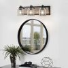 23" Farmhouse Vanity Light Fixture, 3-Light Bathroom Wall Sconce with Clear Seeded Glass Shades, Black and Wood Grain Finish