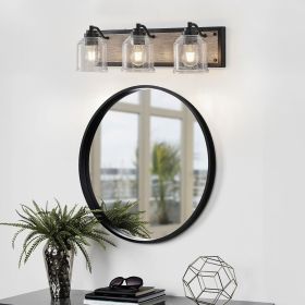 23" Farmhouse Vanity Light Fixture, 3-Light Bathroom Wall Sconce with Clear Seeded Glass Shades, Black and Wood Grain Finish