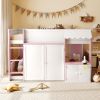 Full Loft House Bed with Playhouse & Storage, Modern Wood Cabin Bed for Kids/Teens, White+Pink