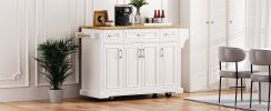 K&K 54inch Large Kitchen Island with Rubber Wood Drop Leaf, Embossed Texture Rolling Kitchen Cart on 4 Wheels with 4 Doors and 3 Drawers