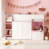 Full Loft House Bed with Playhouse & Storage, Modern Wood Cabin Bed for Kids/Teens, White+Pink