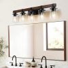 35" Rustic 5-Light Vanity Light, Industrial Bathroom Wall Sconce with Glass Shades and Wood Accent, Modern Farmhouse Lighting Fixture (No Bulbs)