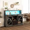55" Coffee Bar Cabinet with Lights, Farmhouse Wine Cabinet with Wine and Glass Racks for Kitchen, Dining Room, Brown