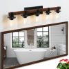 35" Rustic 5-Light Vanity Light, Industrial Bathroom Wall Sconce with Glass Shades and Wood Accent, Modern Farmhouse Lighting Fixture (No Bulbs)