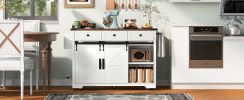 K&K 53.7" Farmhouse Kitchen Island with Power Outlet, 2 Sliding Barn Door Kitchen Storage Island with Drop Leaf