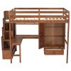 Full Size Loft Wood Bed with Desk, Book shelves and Wardrobe with Doors and Drawer, Built-in Staircase with Storage Shelves