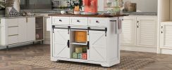 K&K 53.7" Farmhouse Kitchen Island with Power Outlet, 2 Sliding Barn Door Kitchen Storage Island with Drop Leaf