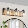 23" Farmhouse Vanity Light Fixture, 3-Light Bathroom Wall Sconce with Clear Seeded Glass Shades, Black and Wood Grain Finish