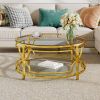 Round Tempered Glass Coffee Table in 30.7",Luxurious Geometric Metal Frame,Gold Finish & Lower Shelf, Transparent